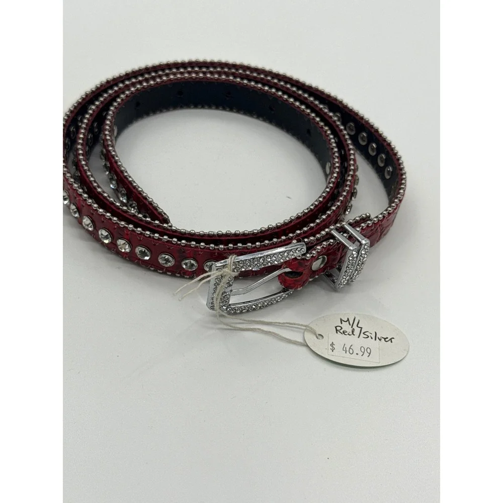 Red Snakeskin Rhinestone Western Belt Genuine Leather Silver Studded Y2K M/L